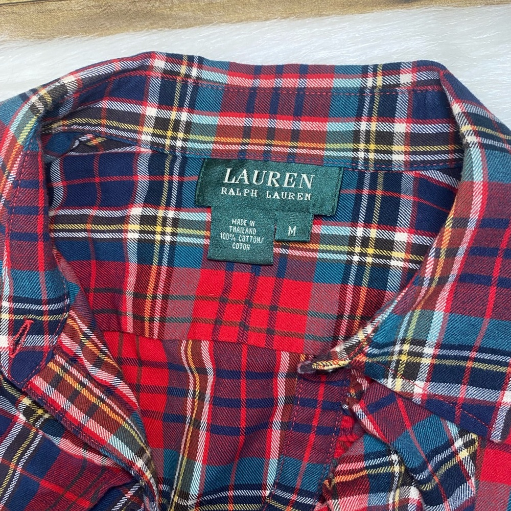 Lauren Ralph Lauren Red Blue Plaid Ruffle Front Shirt 100% Cotton LRL sz M - Picture 3 of 11